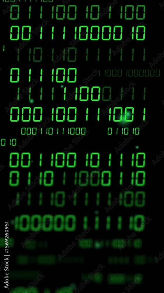 Poster binary code processing animation on black background