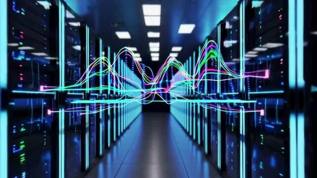 High-tech server room with blinking lights and real-time data graphs hovering in air