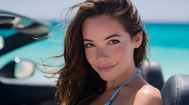 Smiling woman enjoying the beach and ocean from a convertible car.