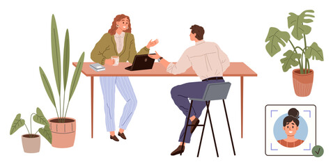 Two colleagues talking at the office desk with coffee and laptops, surrounded by potted plants and user profile verification symbol. Ideal for teamwork, office productivity, collaboration, identity