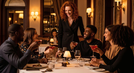 Elegant Dinner Party Friends Enjoying Fine Dining and Cocktails