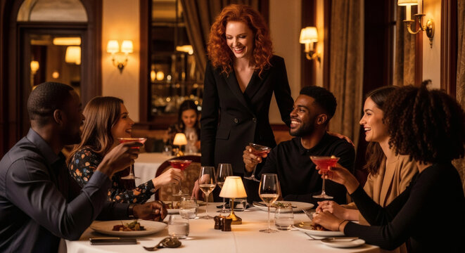Elegant Dinner Party Friends Enjoying Fine Dining and Cocktails