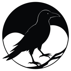 Fototapeta premium Silhouette of a Crow Perched on a Full Moon Circle