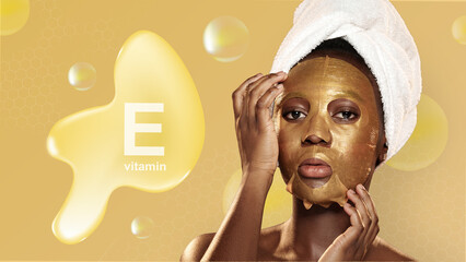 Woman applying vitamin E gold face mask in a beauty treatment setting at home