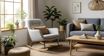 Fototapeta premium Modern Upholstered Rocking Chair in a Cozy Japandi Style Living Room.