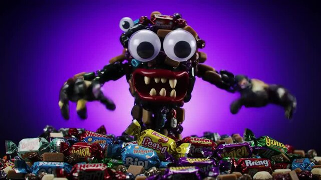 Pile of colorful wrapped candies on a purple gradient background