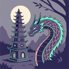 Neon Dragon Curled Around Ancient Temple – Cyberpunk Mythology Art, Glowing Serpent Guardian, Futuristic Asian Fusion, Vibrant Ruins Illustration, Digital Yin-Yang Contrast
