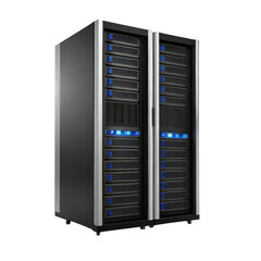 Server racks with blue lights isolated on transparent background