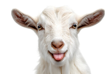 Close up of a white goat with its tongue out isolated on a white background
