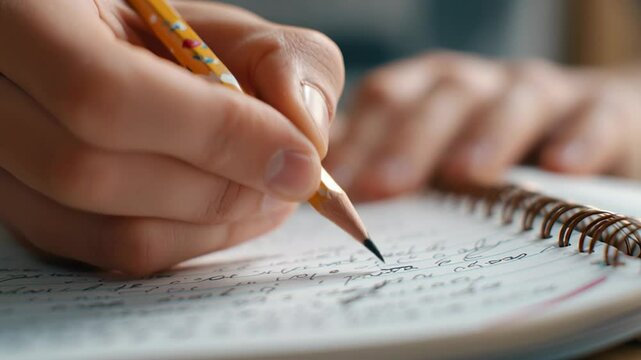 Close-up of hands writing with pencil on notebook