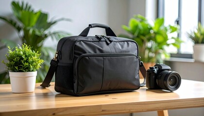 Black Camera Bag Mockup On Wooden Table With Camera And Plants In Natural Light
