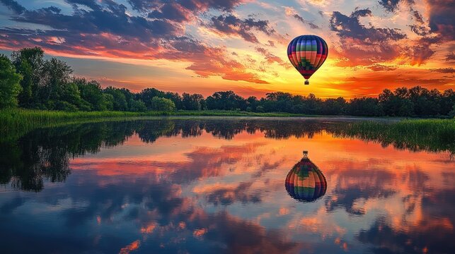 Colorful hot air balloon over a tranquil lake at sunset