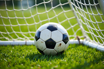 Naklejka premium Soccer football in Goal net with green grass field.