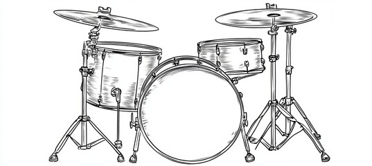 Detailed Line Art Illustration of a Complete Drum Kit, Showcasing Musical Instruments in Style
