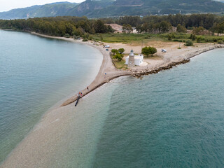 Aerial drone videos of Drepano lighthouse area of ​​Gulf of Corinth	