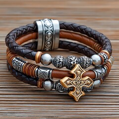 Brown leather bracelet with intricate clasp high resolution picture