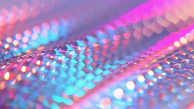 A shimmering, iridescent, holographic surface with a scale-like texture and colorful bokeh reflections. Abstract and futuristic background. Use for fashion, beauty, and trendy design projects