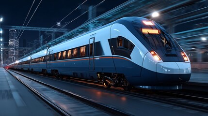 Naklejka premium HighSpeed Train Night City Travel Transport.