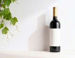 Elegant Wine Bottle Mockup With Blank Label And Golden Cap On White Surface With Vine Leaves Shadow
