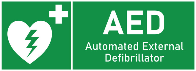 AED Automated External Defibrillator room sign and symbol in green background and white landscape format