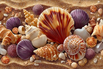 Brown seashells on white sand texture high resolution picture