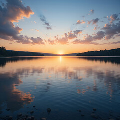 Fototapeta premium A stunning vertical view of a tranquil lake at sunset, with dramatic clouds reflecting on the water.
