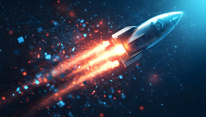 Obraz premium Creative digital illustration of a futuristic rocket launching into space with digital pixels scattered around