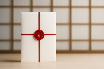 Japanese envelope with red decorative string on a wooden table, blurred background