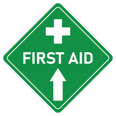 first aid straight ahead direction sign and symbol in green and white diamond shape sign