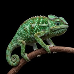 Obraz premium Chameleon on Branch Close-up, Green Reptile Portrait