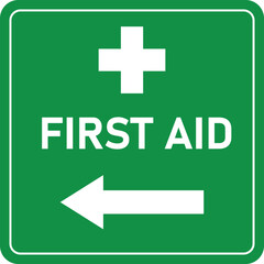first aid point left direction sign and symbol in green and white