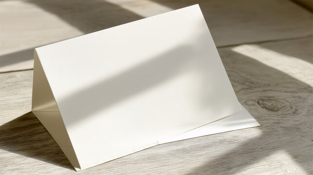A blank notecard on light wood, embodying simplicity and natural beauty.