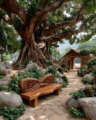 Carved wooden seat in jungle garden high resolution picture
