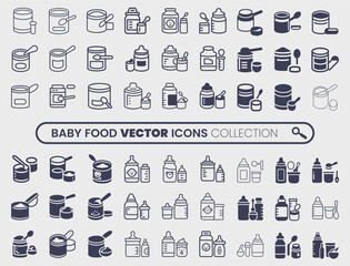Collection of baby food icons including cans and bottles with spoons and measuring cups for infant nutrition and feeding preparation