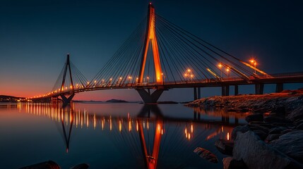 Fototapeta premium Illuminated Cablestayed Bridge Night Reflection.