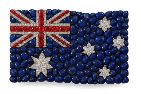Luxurious Australian flag brooch made of gemstones, isolated on transparent background