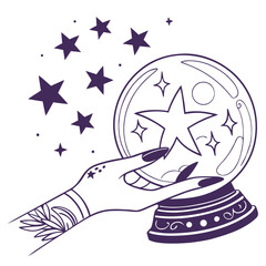 Crystal Ball with Stars and Mystic Hand – Fantasy Fortune Teller Art, Celestial Divination Illustration, Ethereal Magic Scene, Astrology Prediction Design, Enchanted Tarot Aesthetic