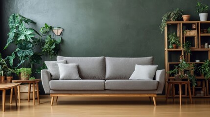 Fototapeta premium Japandi Style Interior Staging Minimalist Living Room with Gray Sofa, Wooden Shelving, and Plants