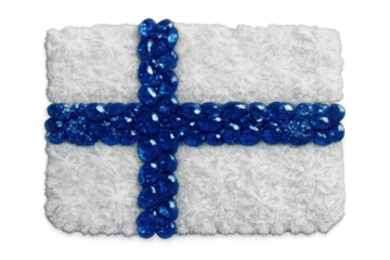 Finnish flag in icy texture and blue bubbles isolated on transparent background.