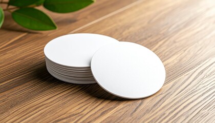 Stacked White Coasters On Wooden Surface With Soft Vignette Effect Close Up Texture and Detail