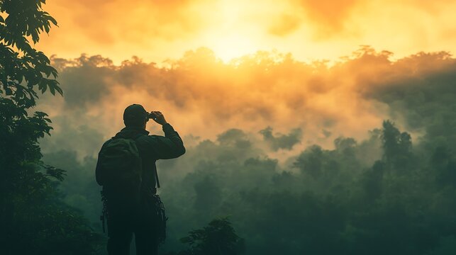 Explorer with Binoculars in Misty Forest at Sunrise