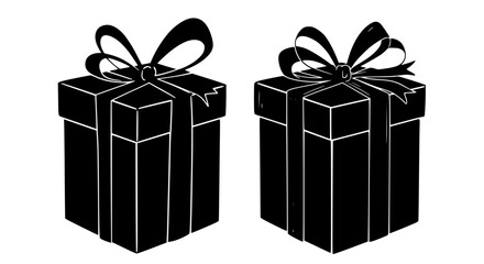 Two black gift boxes with bows and ribbons depicted in a striking silhouette style isolated on transparent background