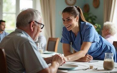 Nurse assisting a man at dining room of a geriatrics. High quality