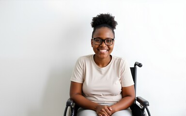 Young disabled African American woman in wheelchair against white wall. High quality