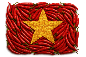 Vietnam flag of red chilies and gold star, on clear transparent background.