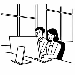 Two corporate professionals working together on computer