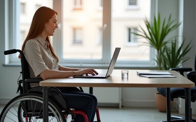 copy space, stockphoto, Woman in a wheelchair working on a laptop in an office, handicap and disability. Disabled woman working with a laptop in an office environment. High quality