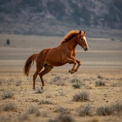 Obraz premium Chestnut Horse Running in Field with Mountain Background