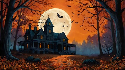 An illustration of a charmingly spooky haunted house situated in a forest clearing during peak autumn. The full moon provides a bright, cool backlight.