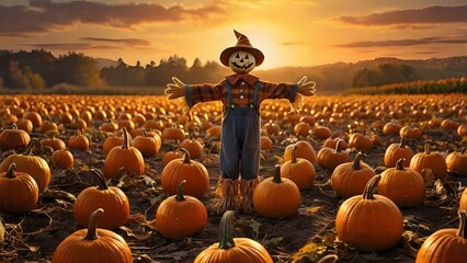 A digital illustration of a friendly scarecrow with a cheerfully glowing jack-o'-lantern head, standing in a misty cornfield. The dusk sky is a beautiful gradient of soft orange, casting a warm.